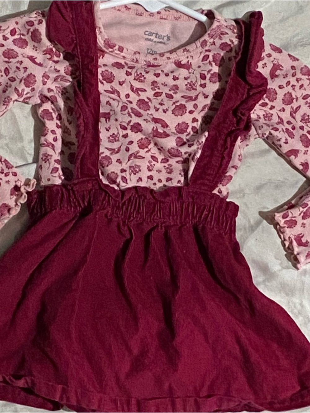 Carter's Pink Floral Bodysuit with Burgundy Corduroy Suspender Skirt 12 Months